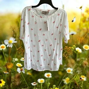 Chico's Relaxed Fit White and Pink Short Sleeve Blouse